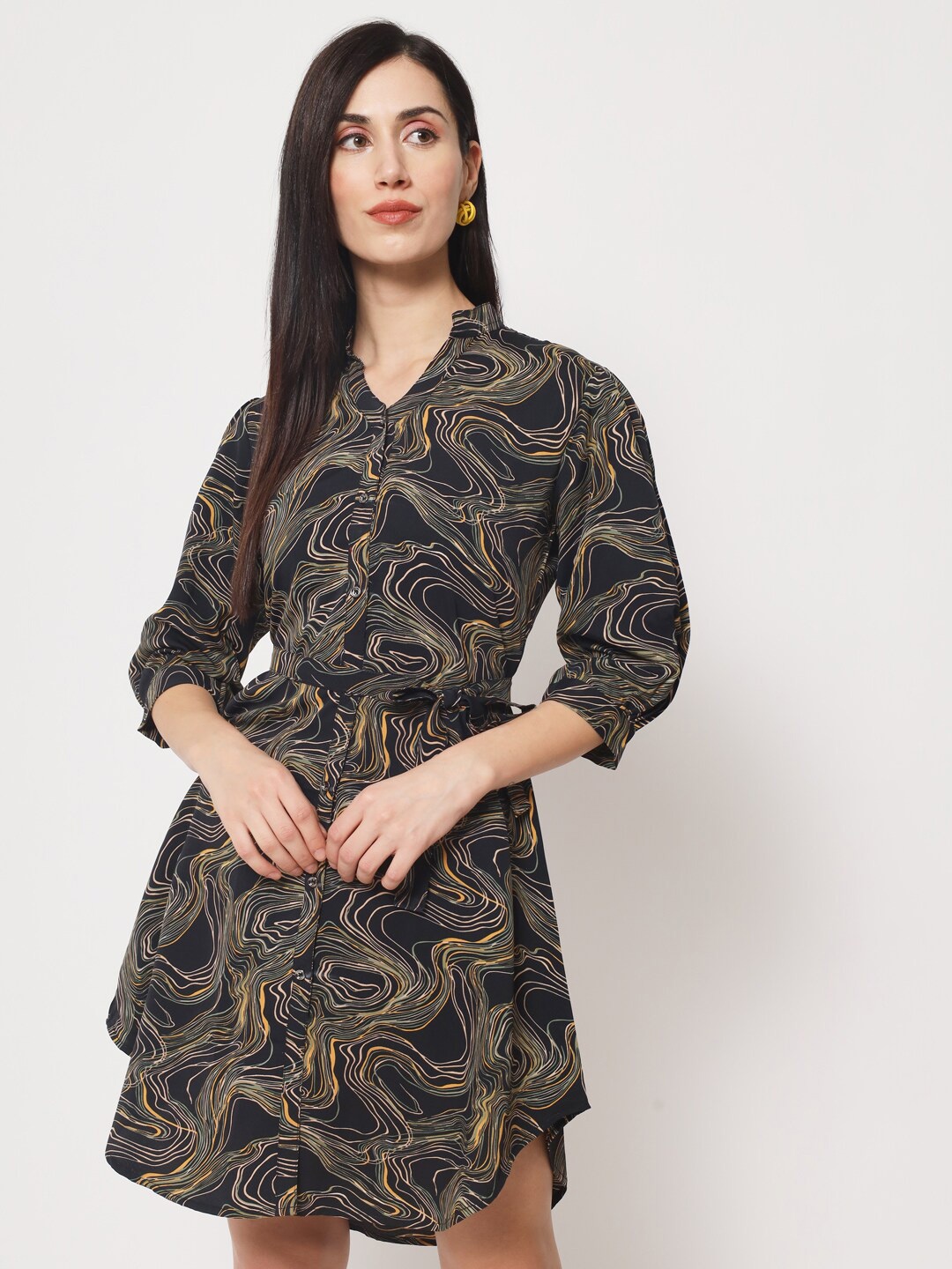 

Rudraaksha Creations Abstract Printed Shirt Dress, Black