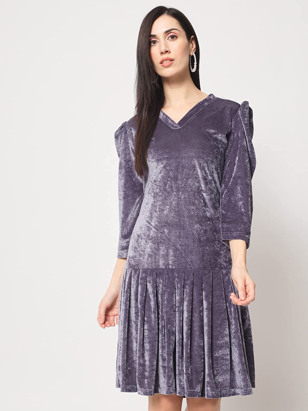 

Rudraaksha Creations V-Neck Puff Sleeves Velvet A-Line Dress, Grey