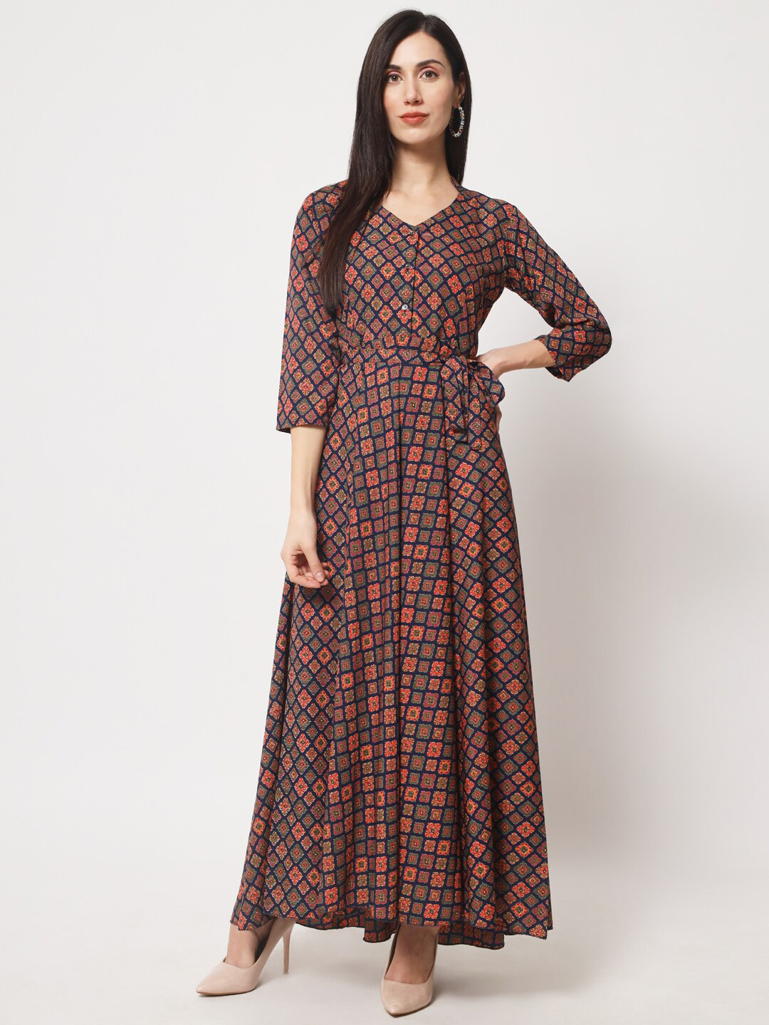 

Rudraaksha Creations Ethnic Motifs Printed Fit & Flare Maxi Dress, Navy blue