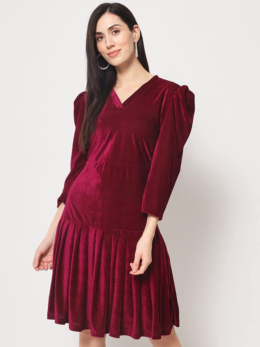 

Rudraaksha Creations V-Neck Puff Sleeves Velvet A-Line Dress, Pink