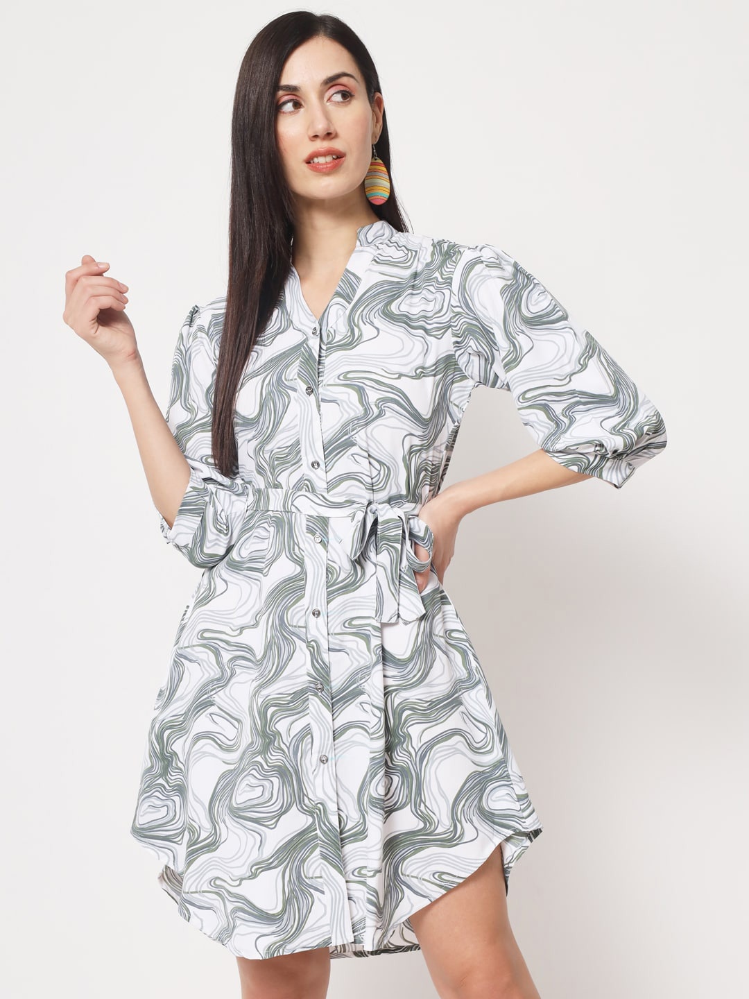 

Rudraaksha Creations Abstract Printed Shirt Dress, White