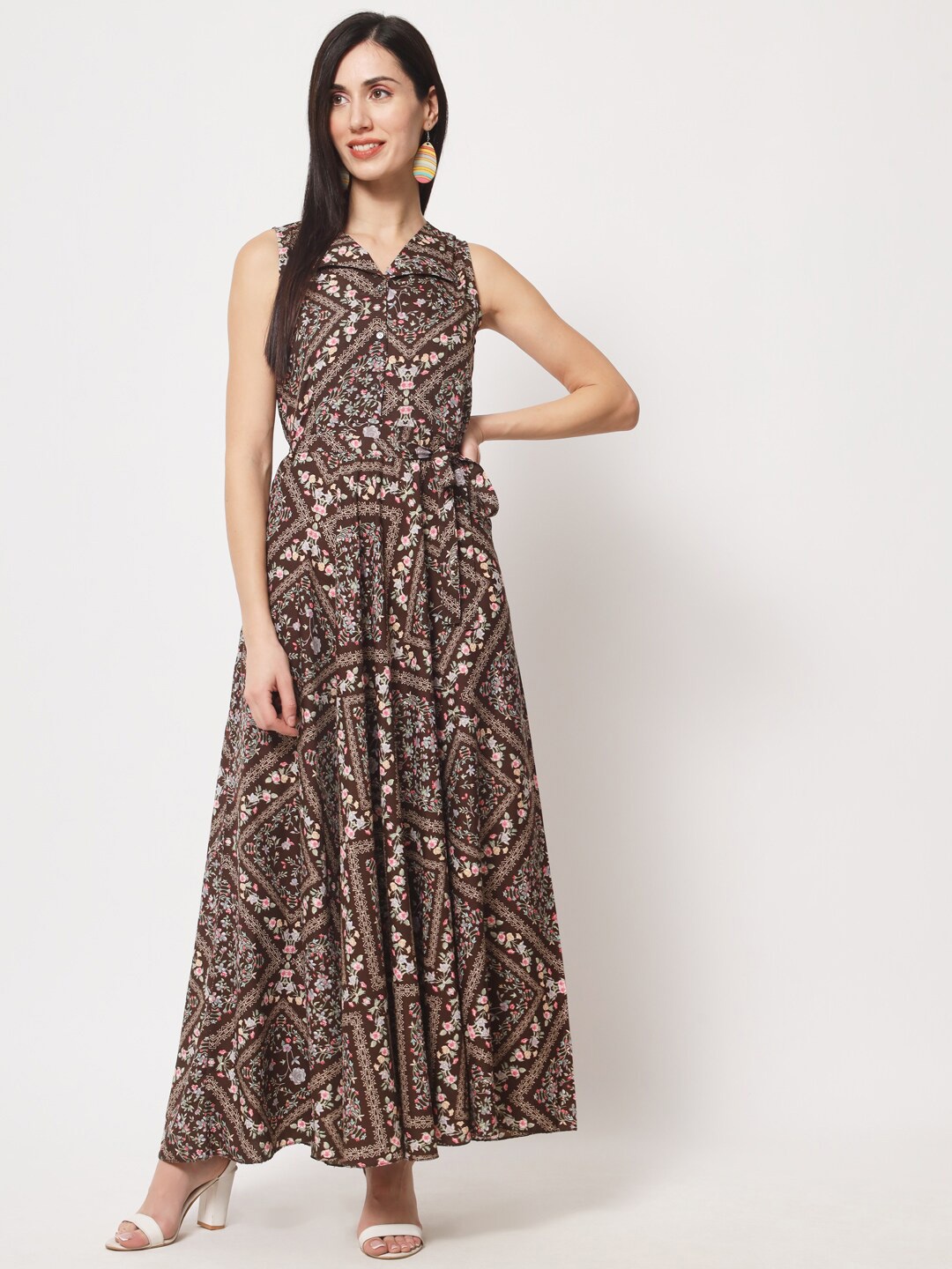 

Rudraaksha Creations Floral Printed Fit & Flare Maxi Dress, Brown