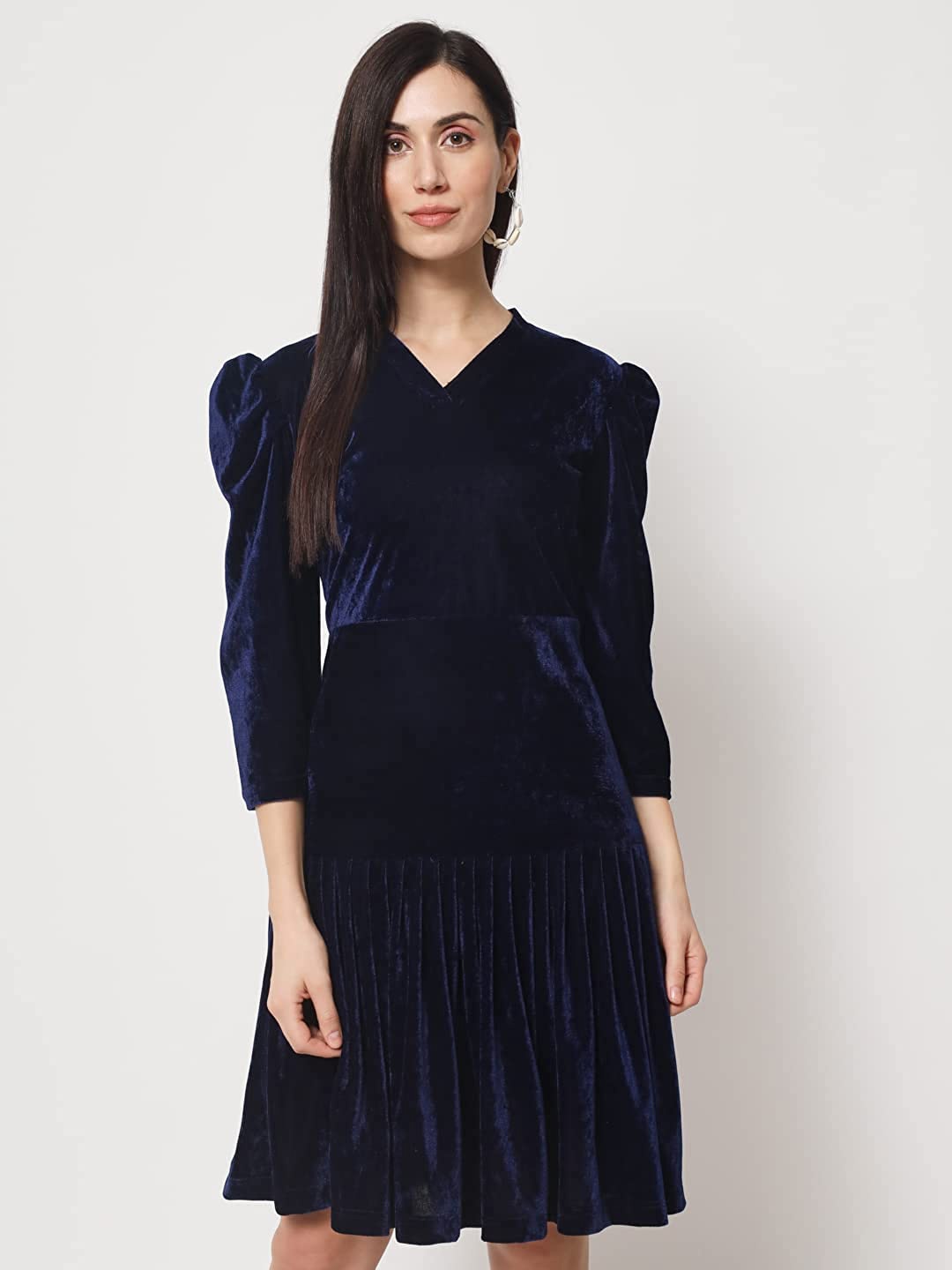 

Rudraaksha Creations V-Neck Puff Sleeves Velvet A-Line Dress, Navy blue