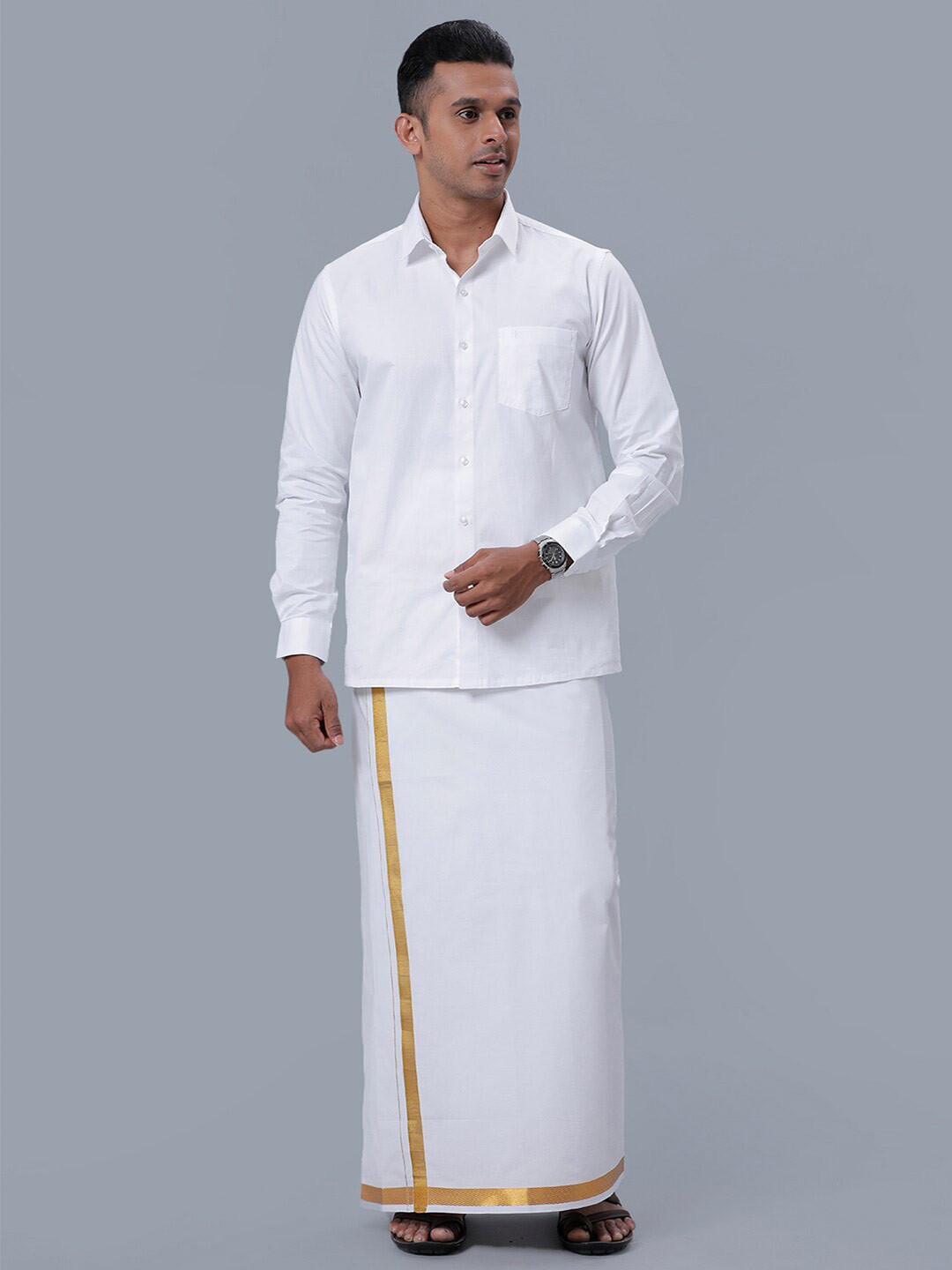 

Ramraj Men Cotton Spread Collar Shirt & Veshti, White