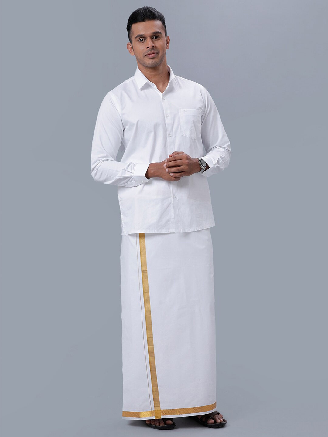 

Ramraj Men Pure Cotton Spread Collar Shirt & Veshti, White