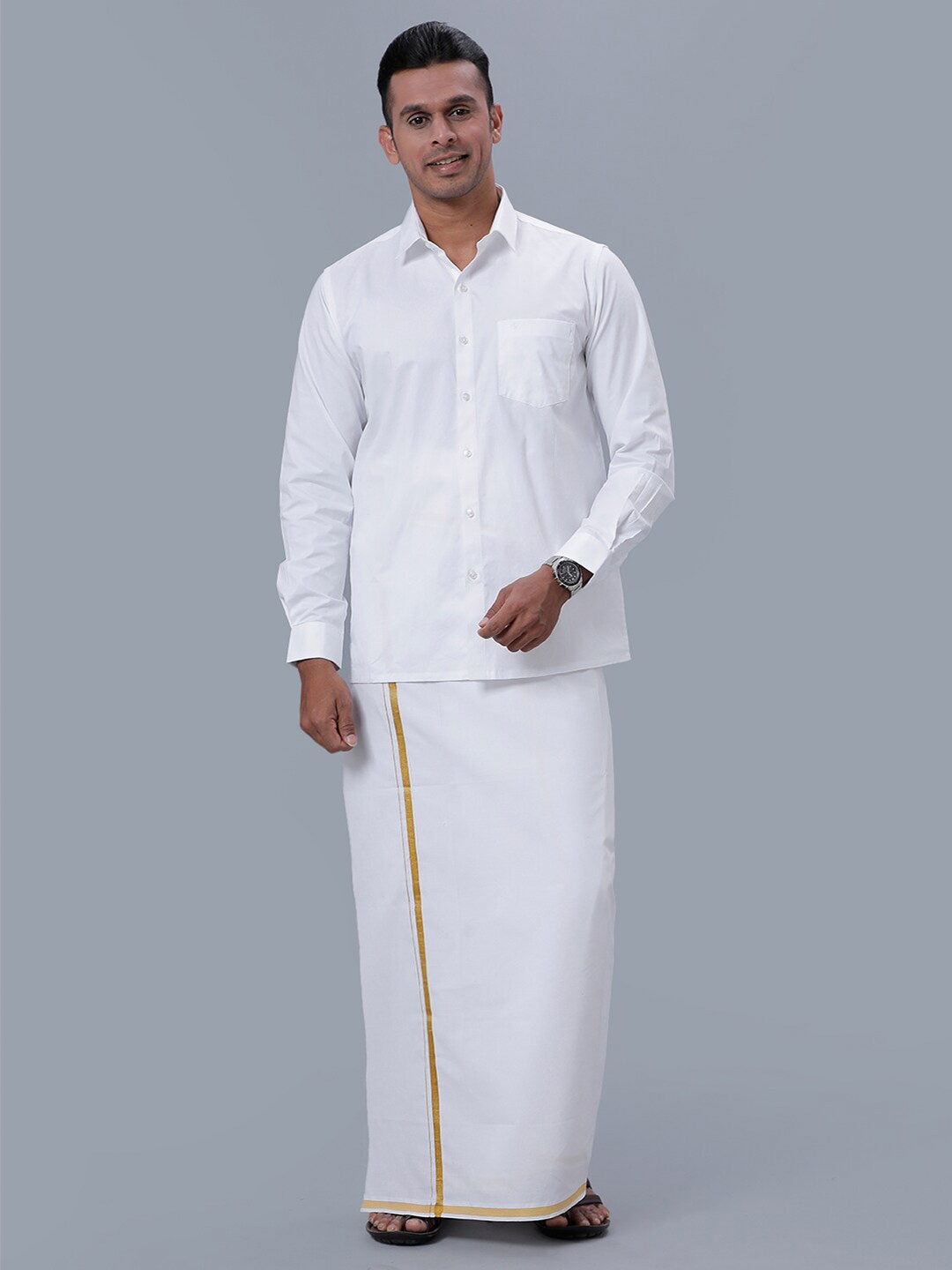 

Ramraj Pure Cotton Shirt with Veshti, White