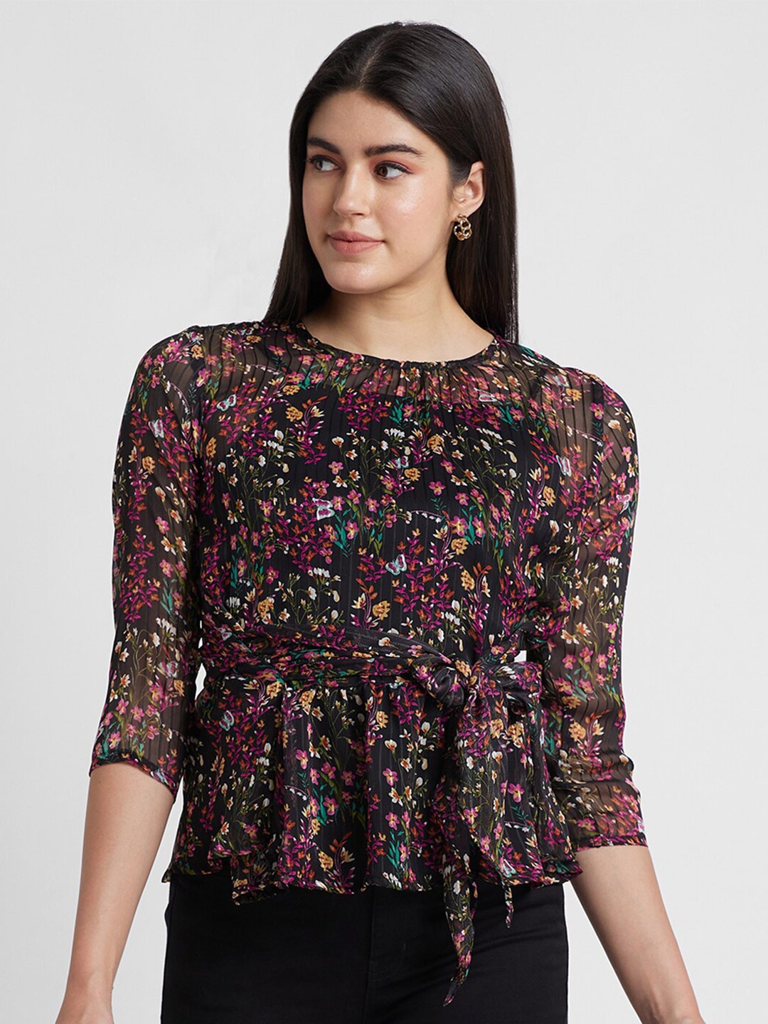 

Globus Floral Printed Waist Tie-Ups Peplum Top, Black