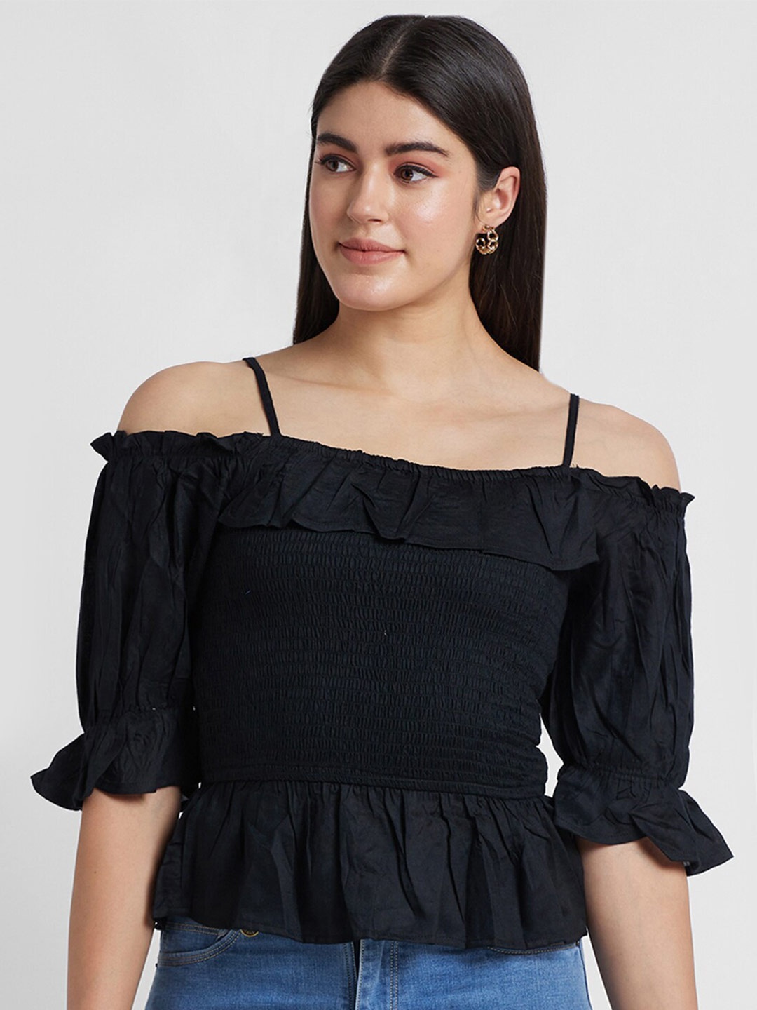 

Globus Bell Sleeves Peplum Top, Black
