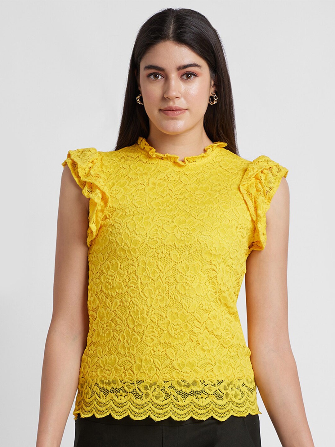 

Globus Lace Self Design Futter Sleeves High Neck Top, Yellow