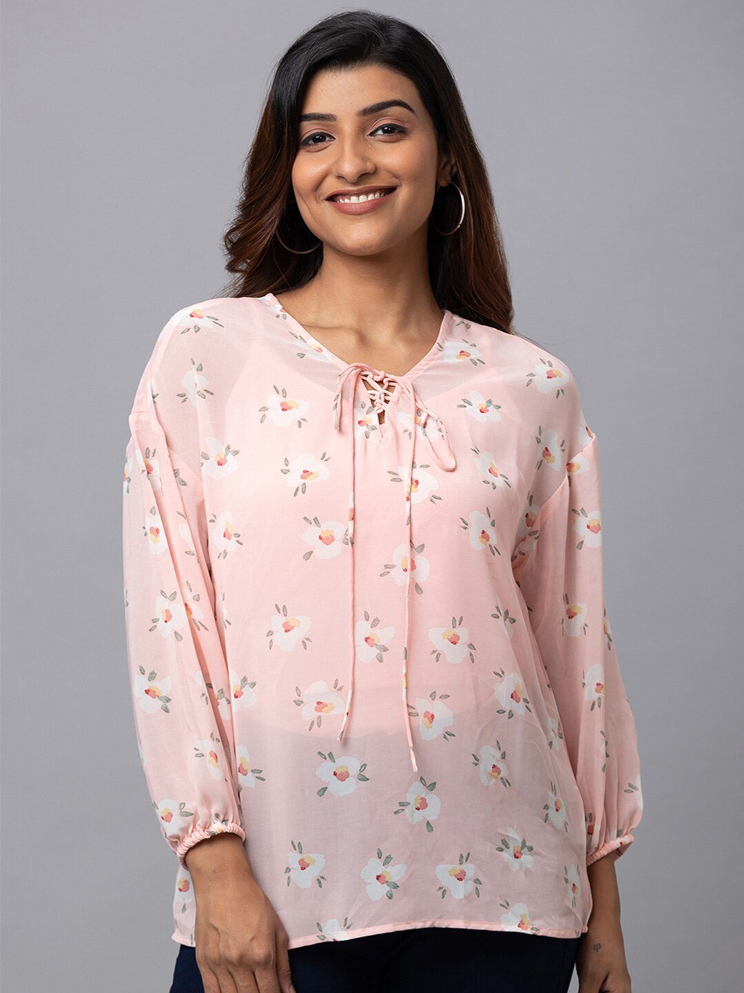 

Globus Floral Printed Tie-Up Neck Puff Sleeve Top, Pink