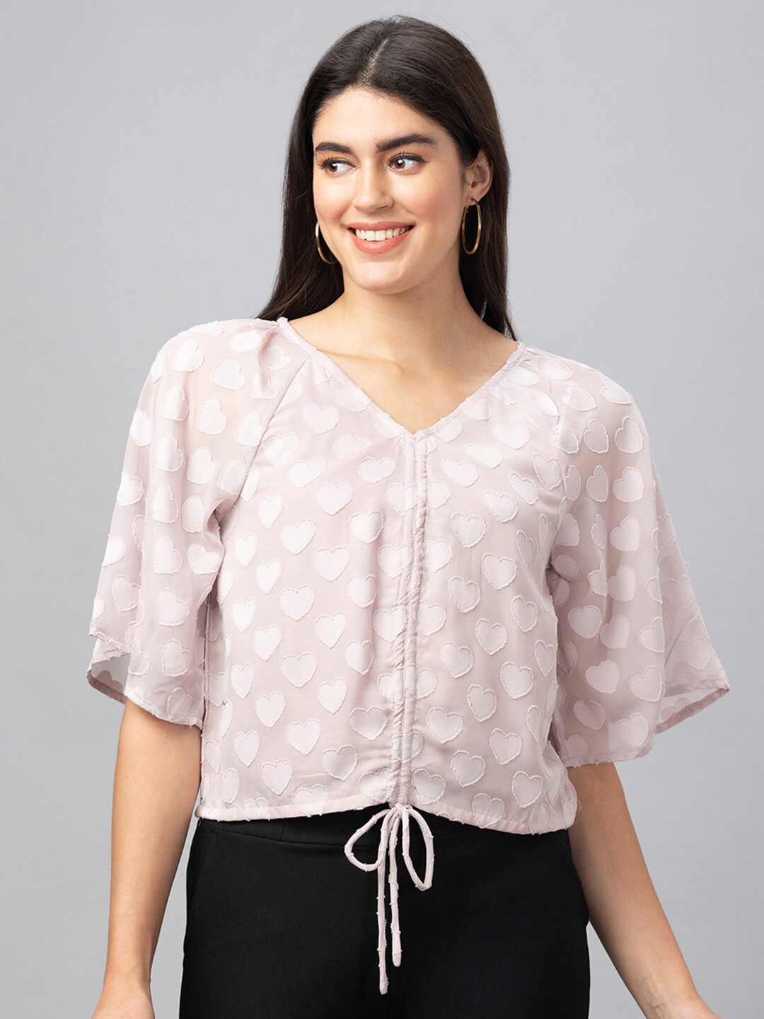 

Globus Self Design Flared Sleeve V-Neck Georgette Top, Peach