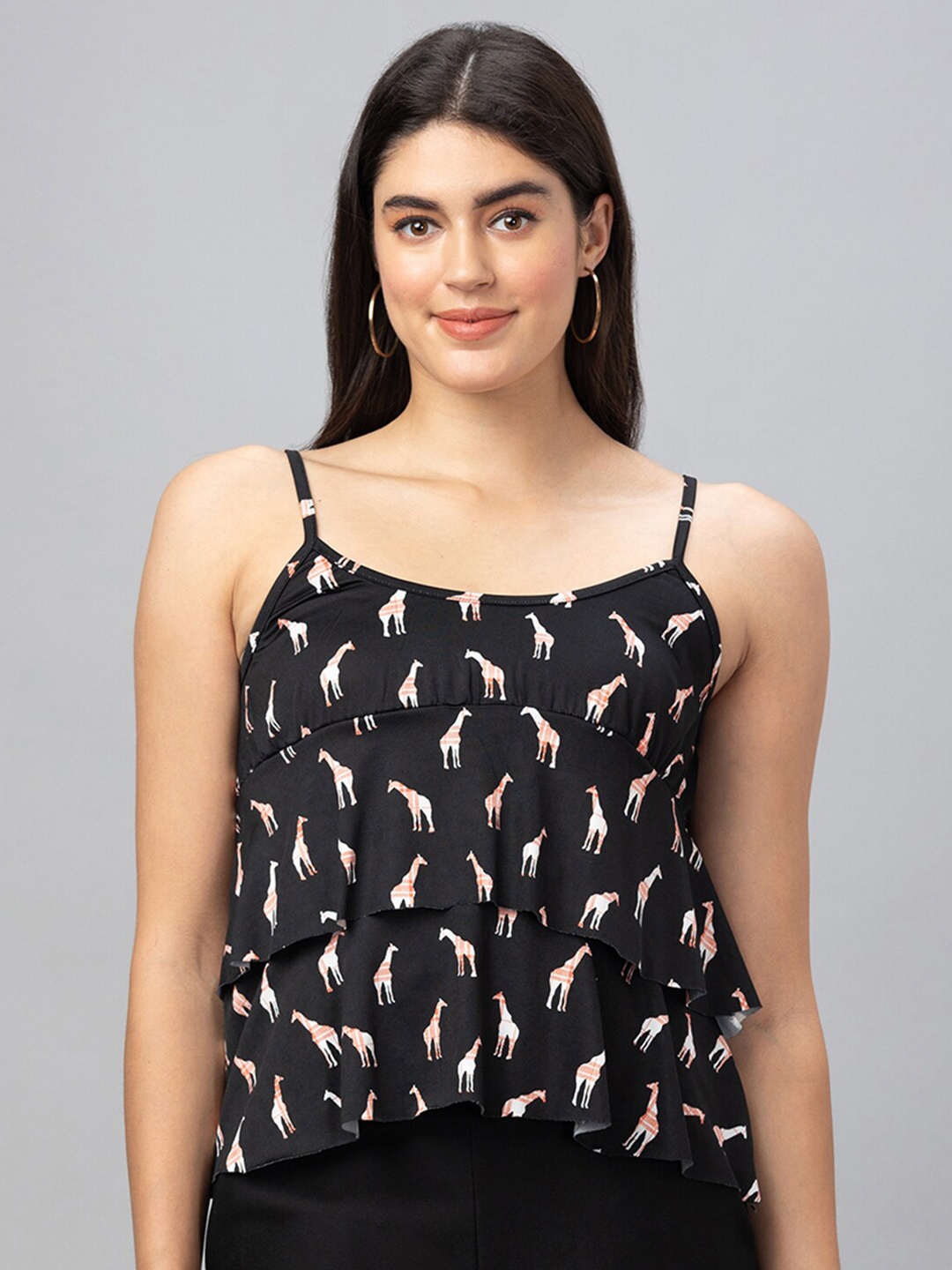 

Globus Print Shoulder Strap Layered A-Line Top, Black