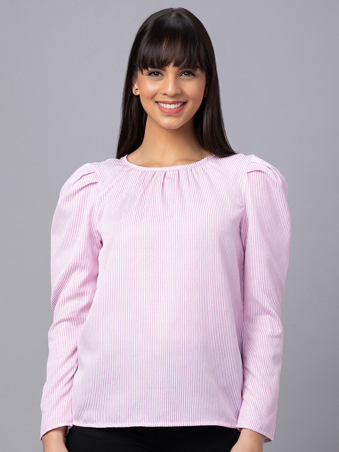 

Globus Puff Sleeves Round Neck Top, Pink