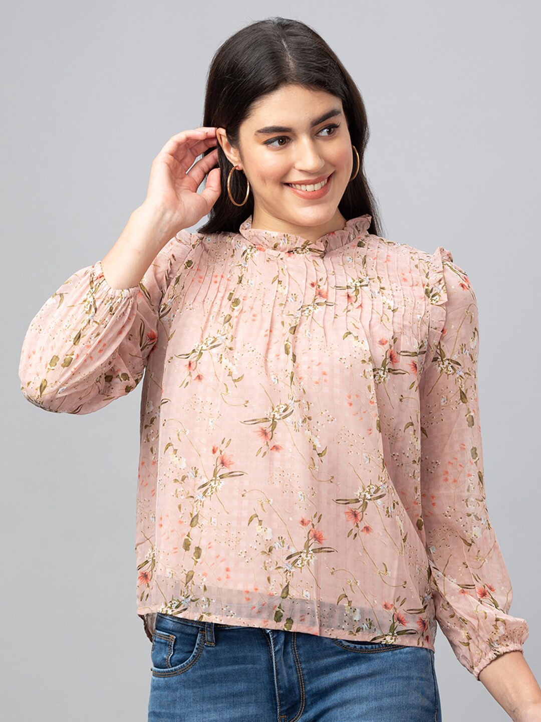 

Globus Floral Print Puff Sleeve Georgette Top, Peach