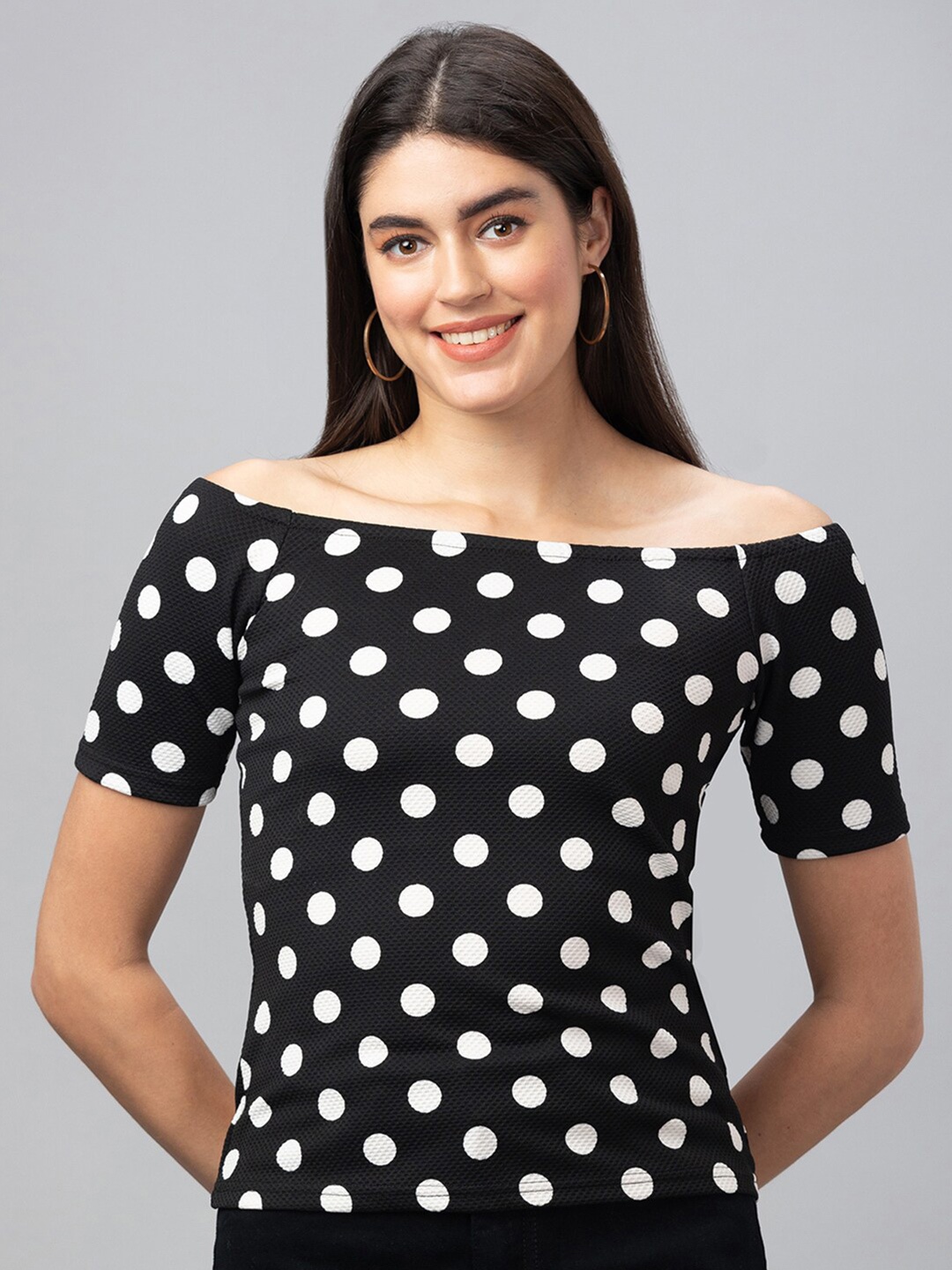 

Globus Monochrome Polka Dot Printed Off-Shoulder Bardot Top, Black