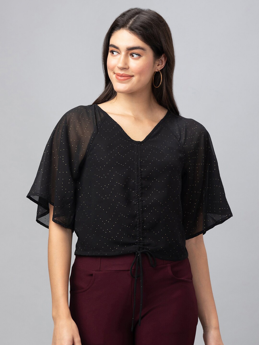 

Globus Extended Sleeves Georgette Top, Black