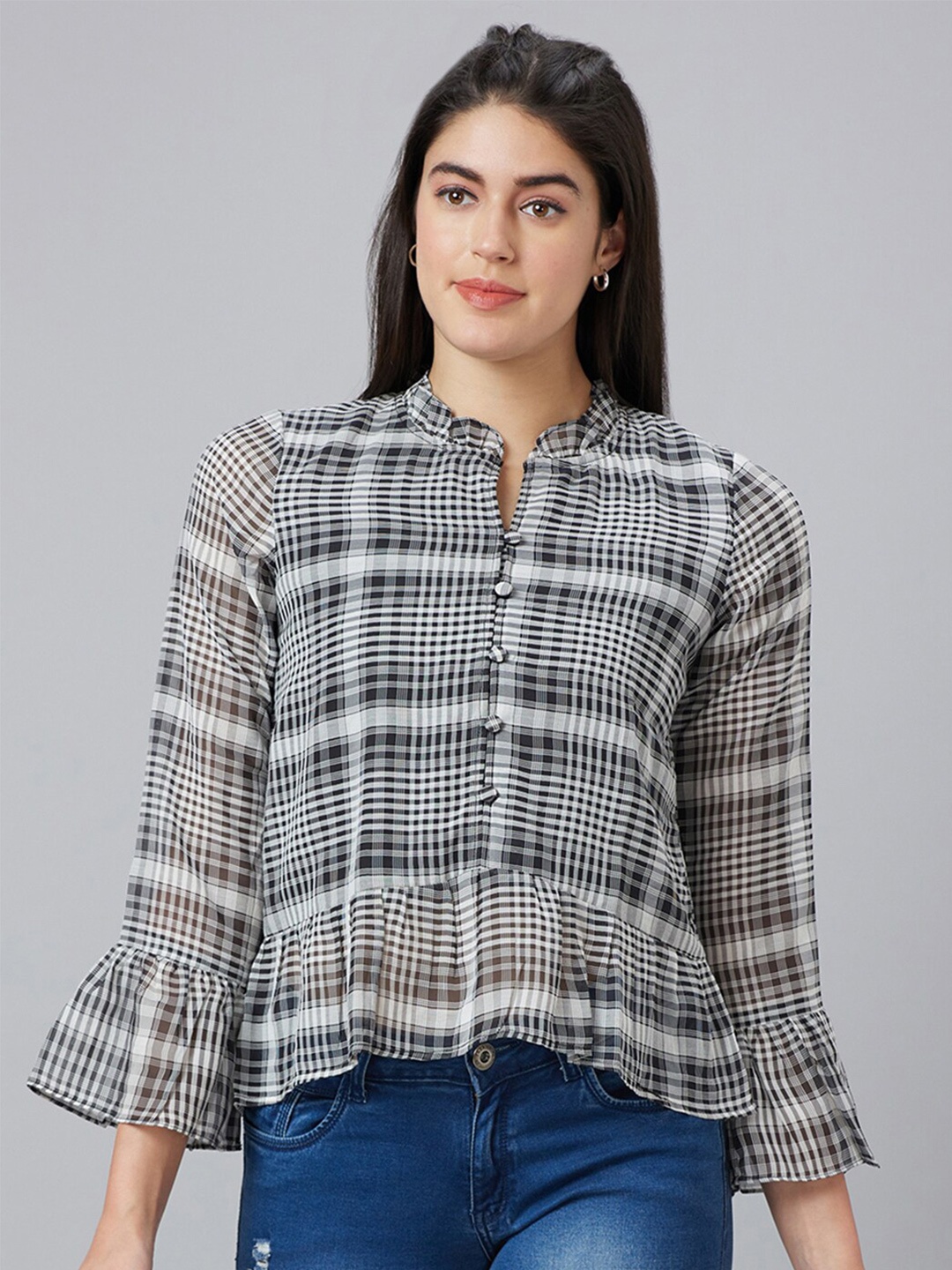 

Globus Checked Mandarin Collar Bell Sleeve Shirt Style Top, Black
