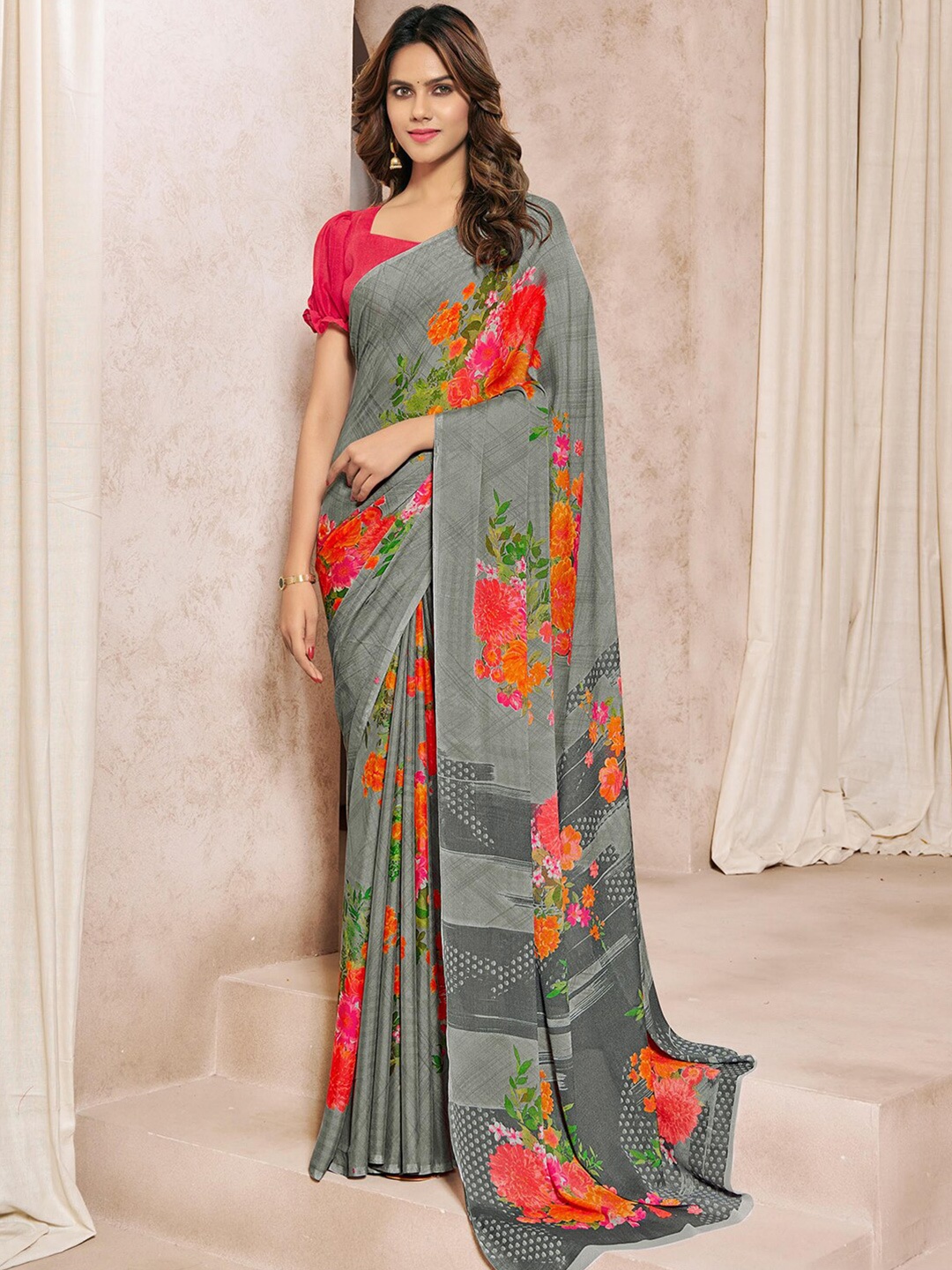 

Kasak Floral Printed Silk Blend Saree, Grey