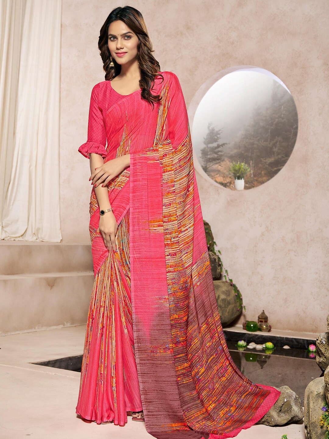 

Kasak Abstract Printed Silk Blend Saree, Pink