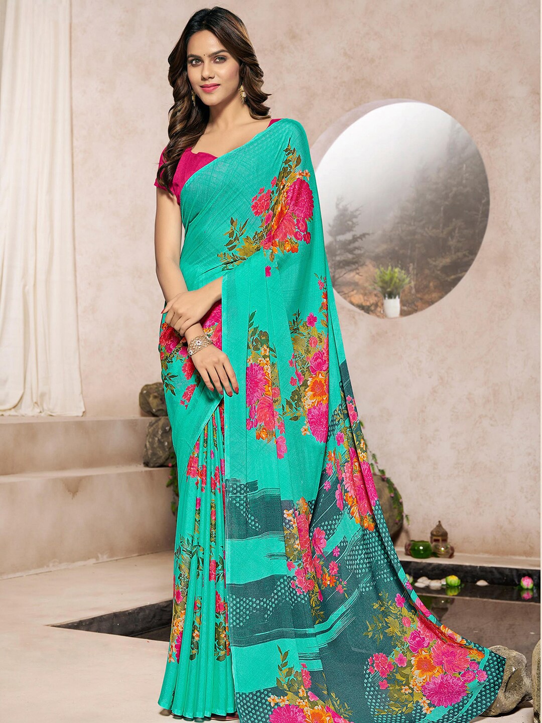 

Kasak Floral Printed Silk Blend Saree, Turquoise blue