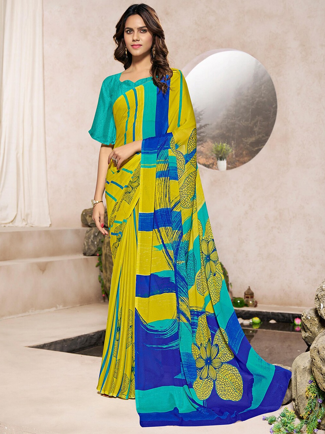 Kasak Floral Printed Silk Blend Saree, Yellow