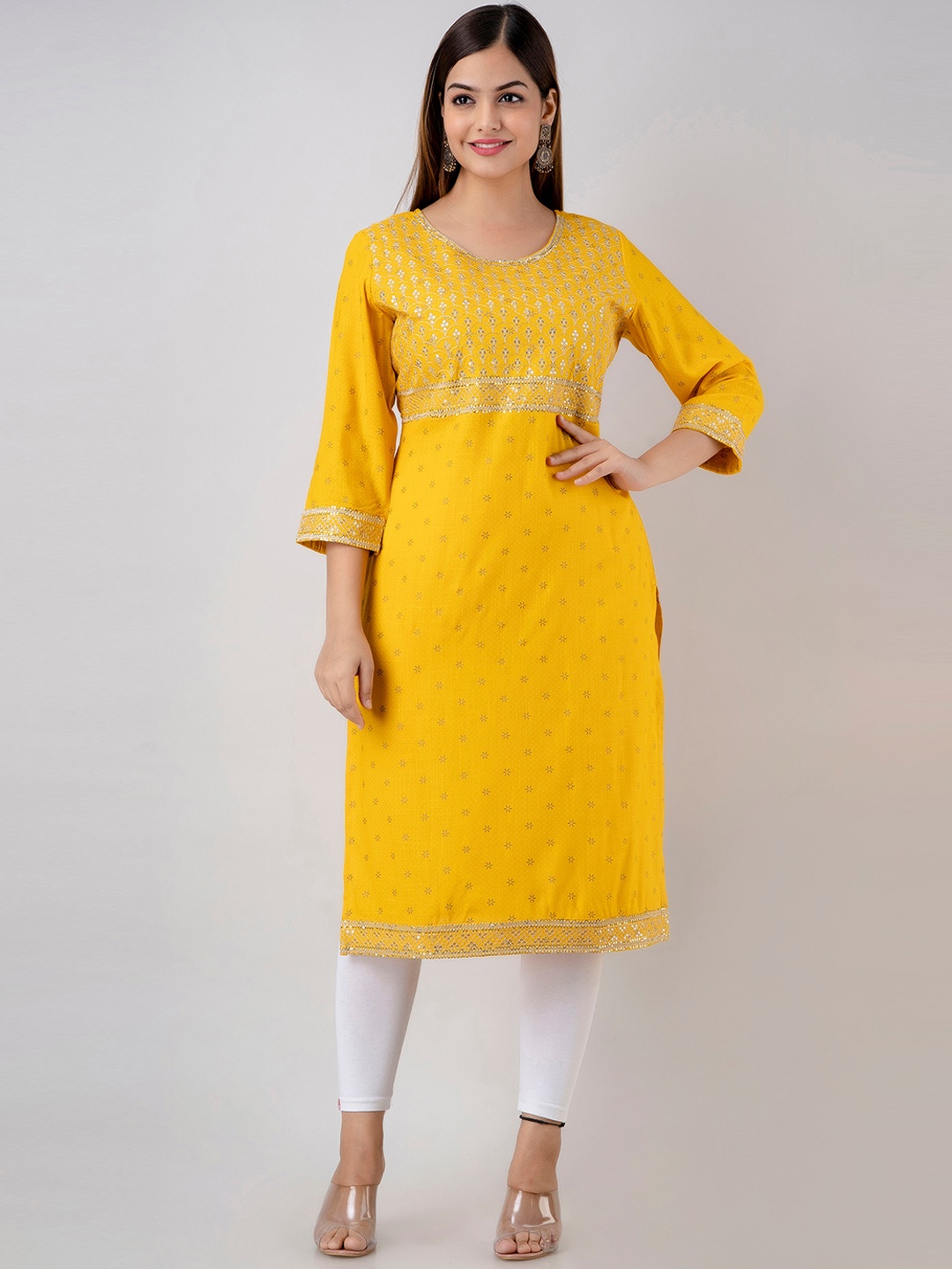 

Charu Ethnic Motifs Embroidered Sequined Straight Kurta, Mustard