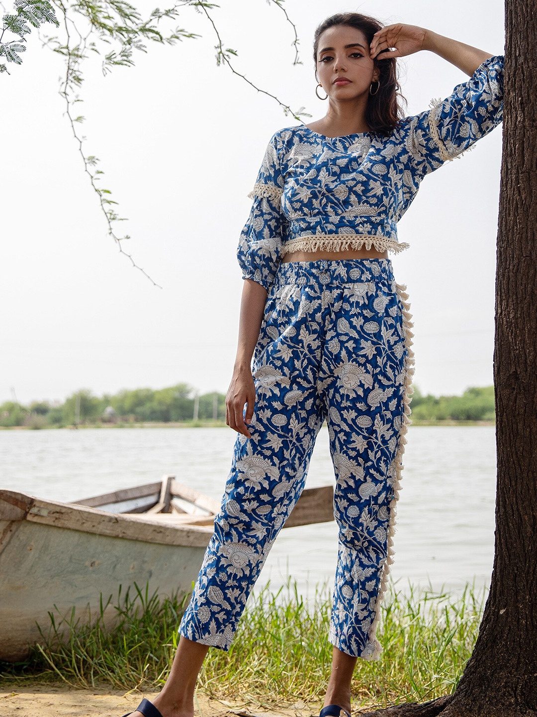 

Zanaash Printed & Lace Embellished Pure Cotton Top With Trousers, Blue