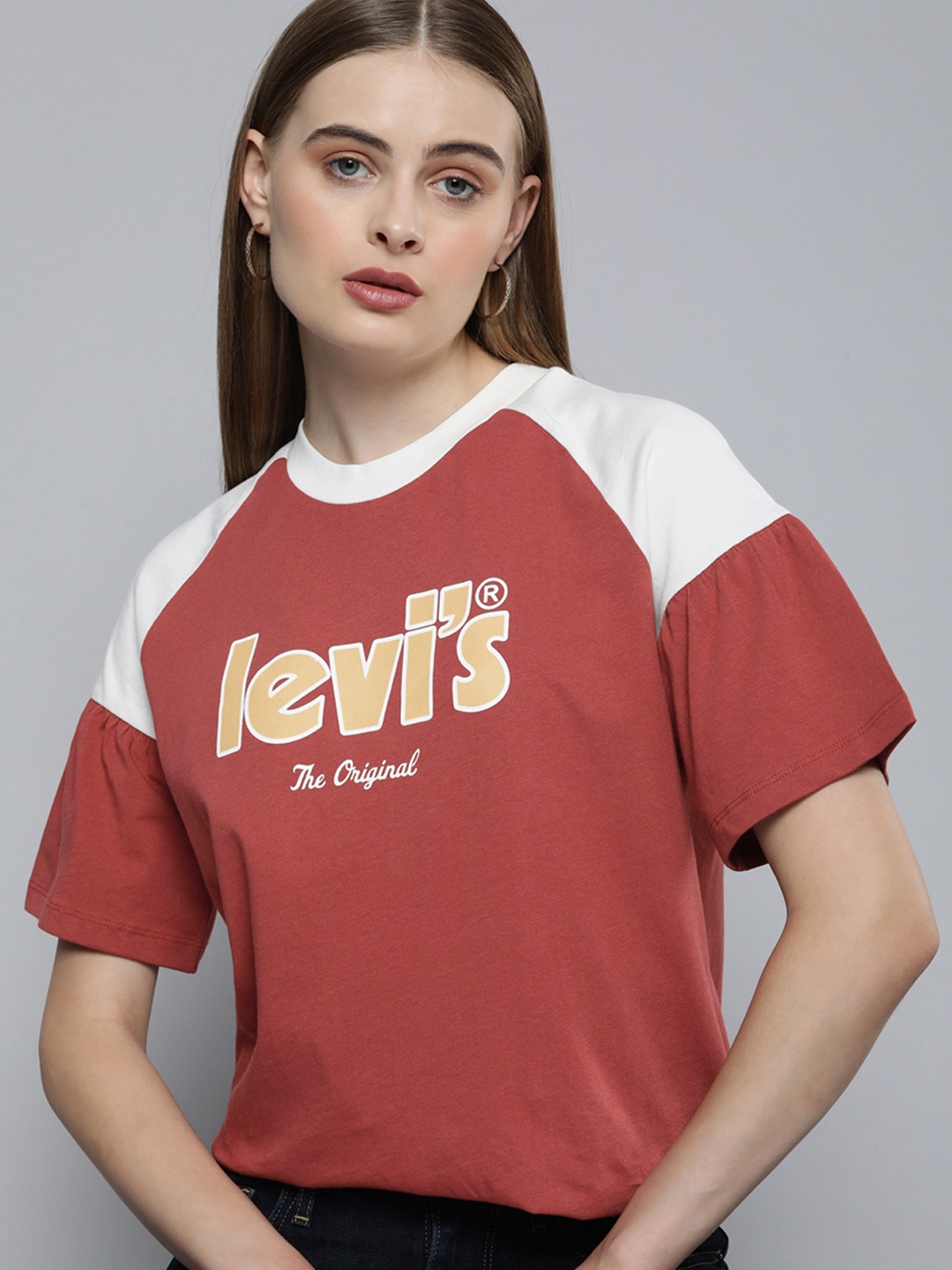 

Levis Colourblocked And Brand Logo Printed Pure Cotton Top, Red
