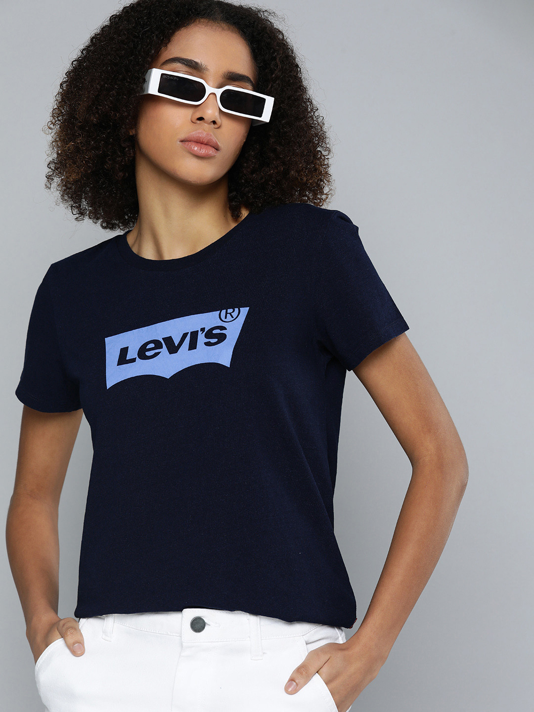 

Levis Women Pure Cotton Brand Logo Printed T-shirt, Navy blue