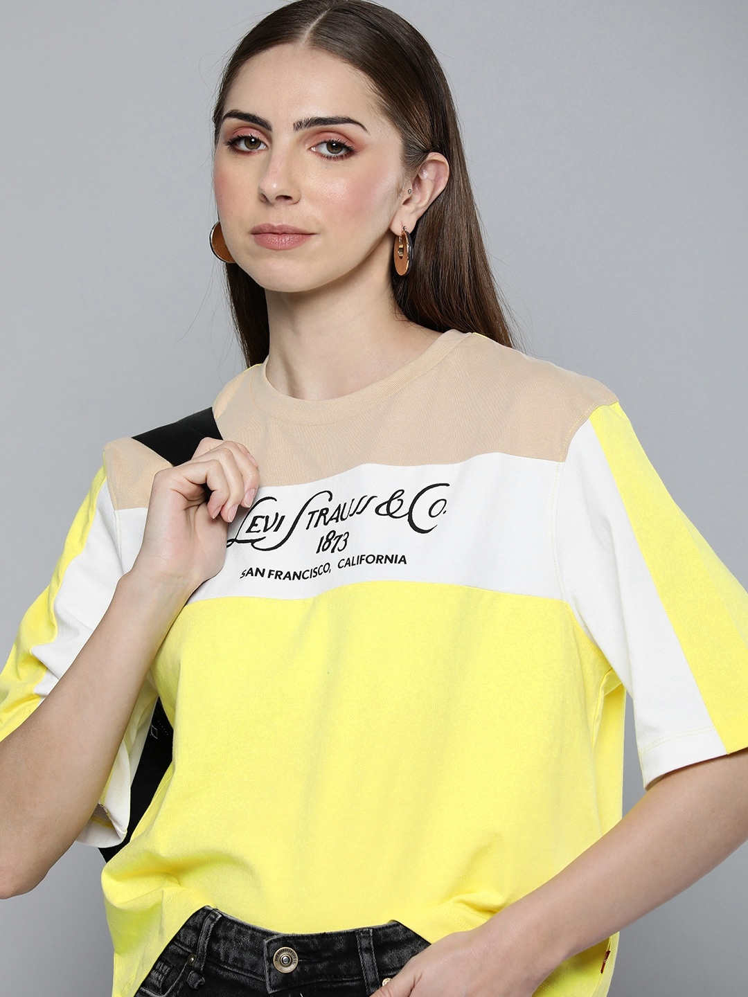 

Levis Women Pure Cotton Relaxed Fit Colourblocked T-shirt, Yellow