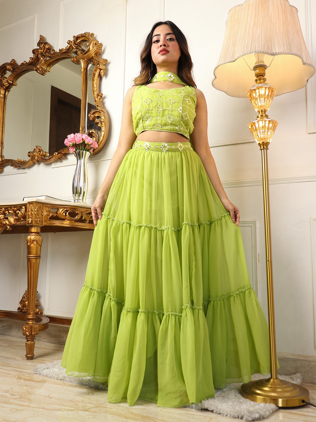 

Virah Fashion Mirror Work Embroidered Tiered Lehenga & Blouse With Dupatta, Lime green