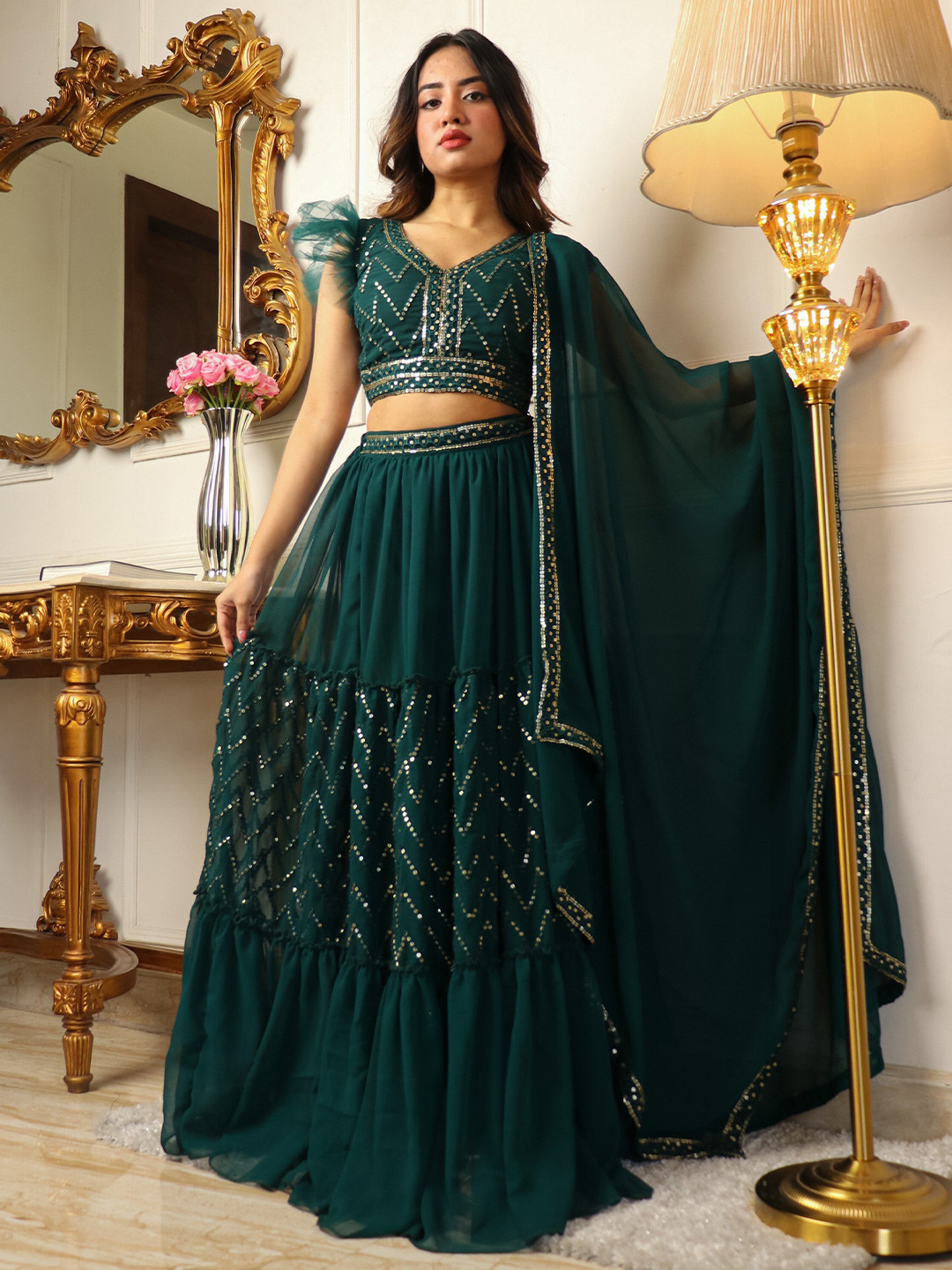 

Virah Fashion Mirror Work Embroidered Tiered Lehenga & Blouse With Dupatta, Green