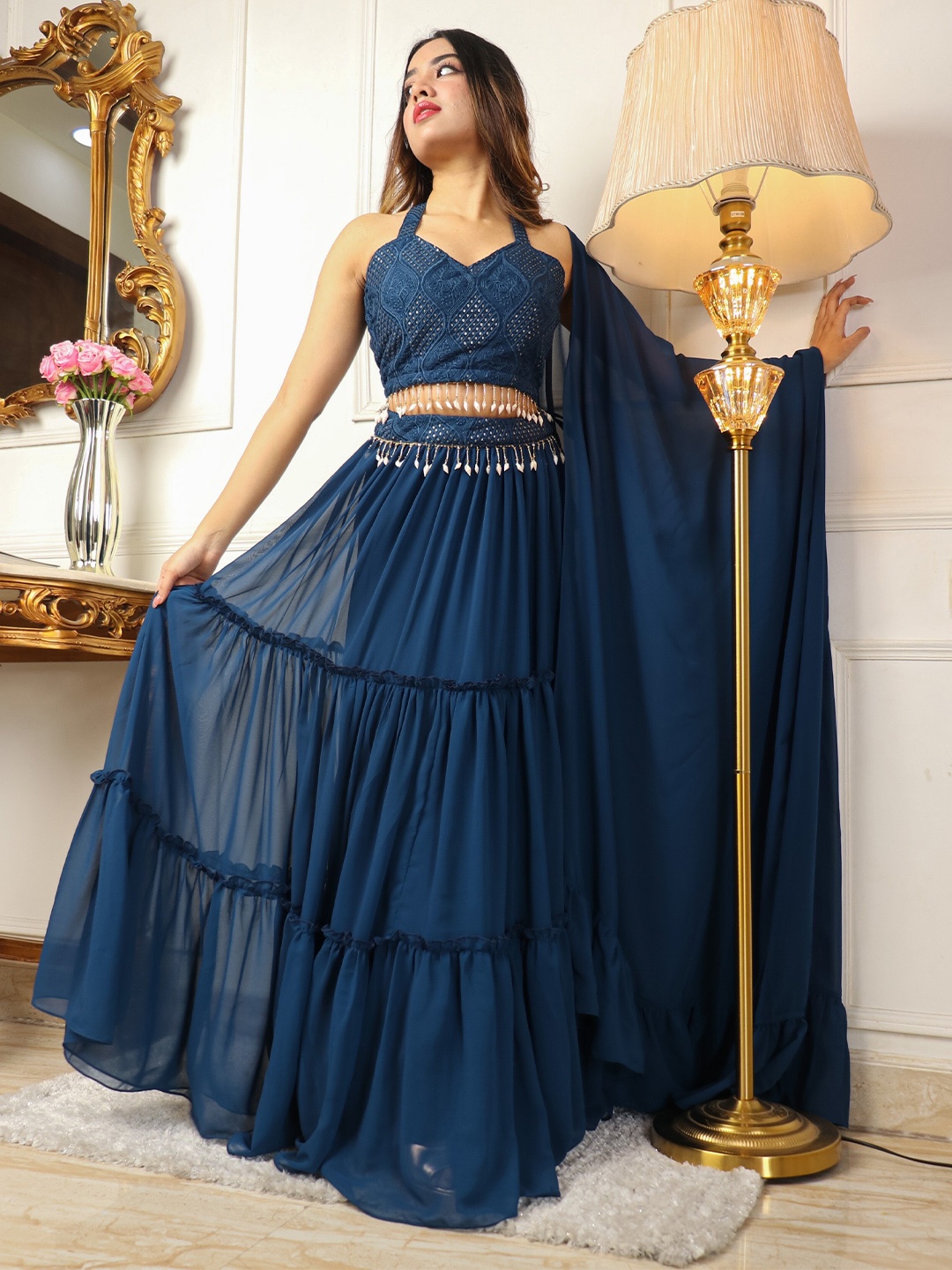 

Virah Fashion Sequin Embroidered Tiered Lehenga & Blouse With Dupatta, Navy blue