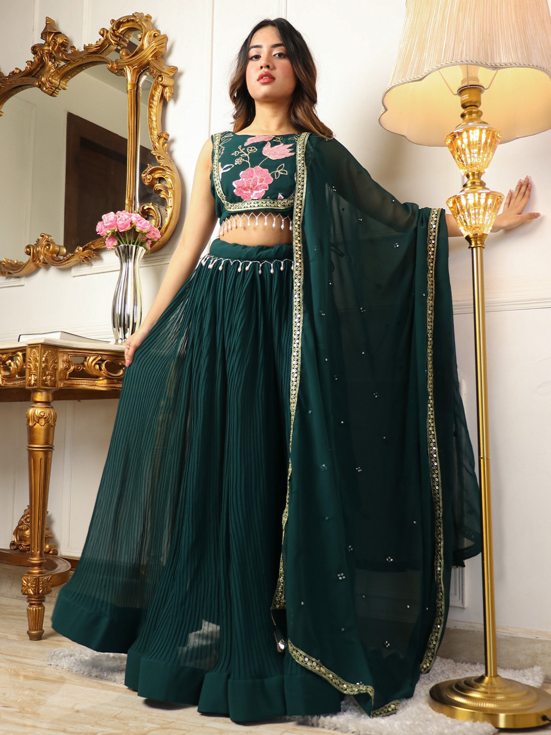

Virah Fashion Sequin Embroidered Lehenga & Blouse With Dupatta, Green
