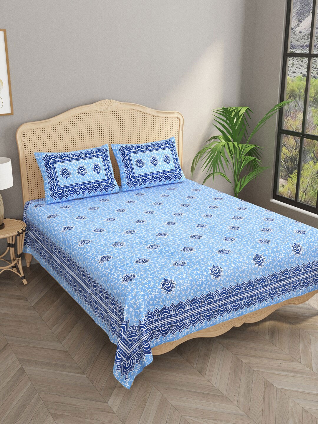 

Gulaab Jaipur Blue & White Ethnic Motifs 330 TC Cotton King Bedsheet With 2 Pillow Covers