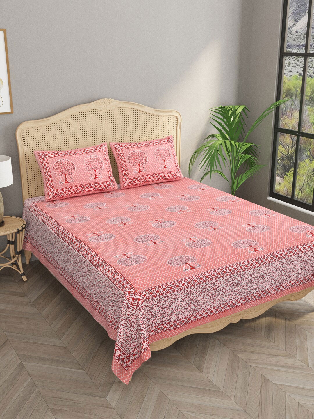 

Gulaab Jaipur Pink & White Printed 330 TC Cotton King Bedsheet & Pillow Covers