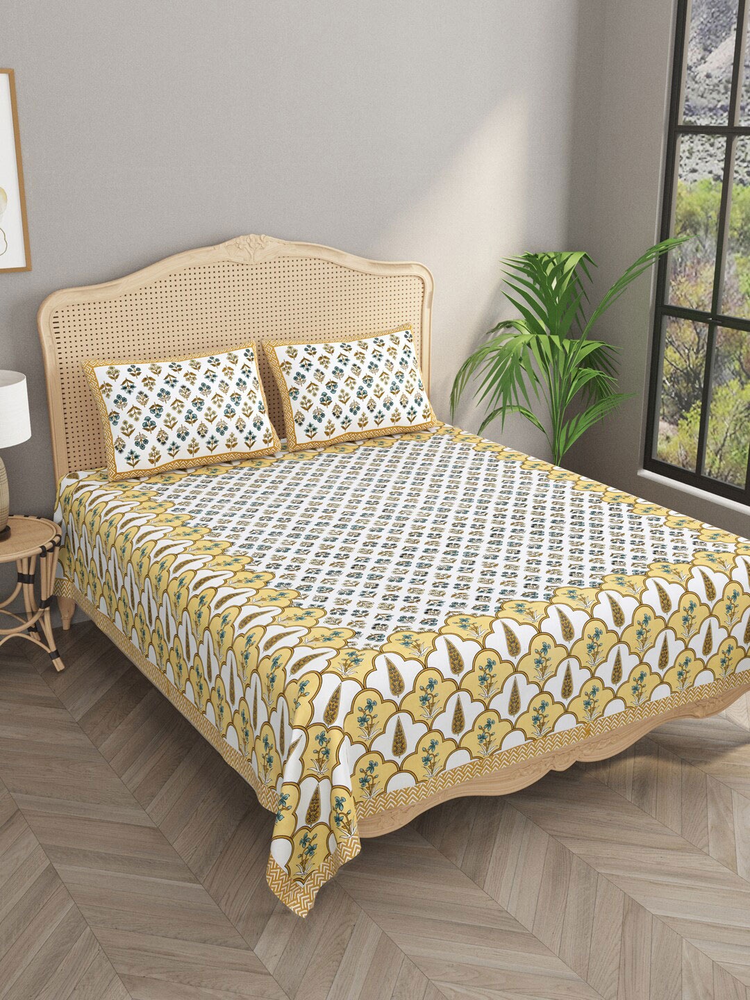 

Gulaab Jaipur White & Yellow Printed 330 TC Cotton King Bedsheet & Pillow Covers