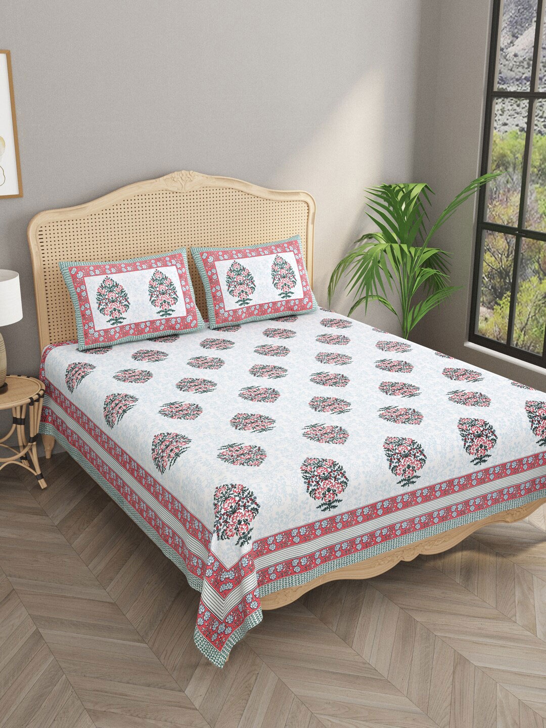 

Gulaab Jaipur White & Pink Printed 330 TC Cotton King Bedsheet & Pillow Covers