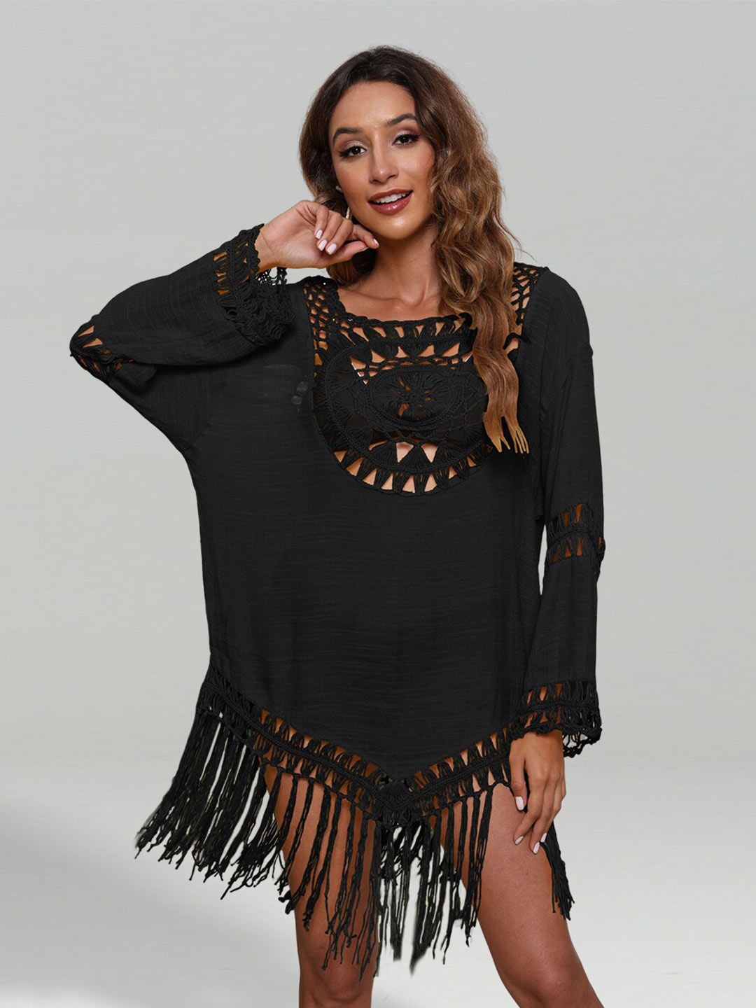 

JC Collection Women Cover Up Top With Tasselled, Black