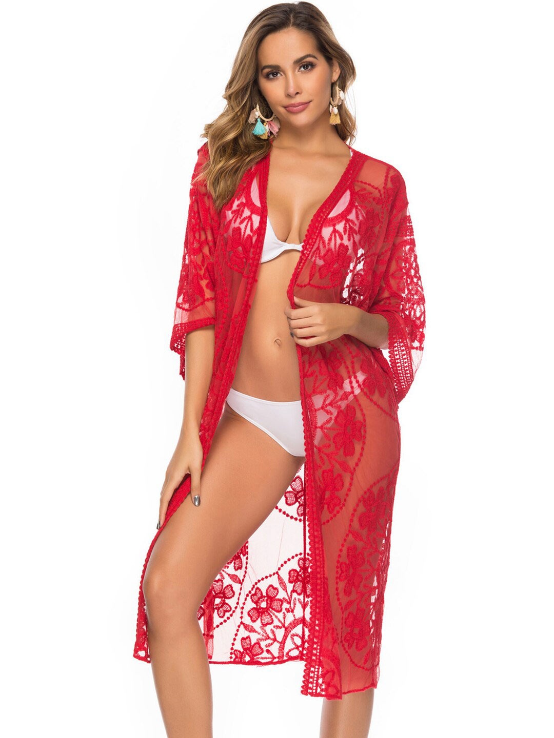 

JC Collection Floral Embroidered Longline Shrug, Red