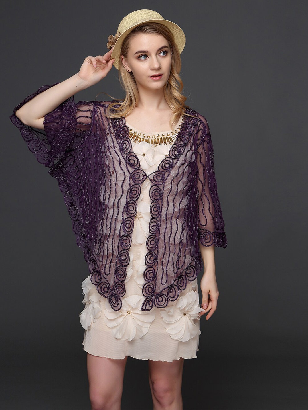 

JC Collection Self Design Asymmetric Button Shrug, Purple