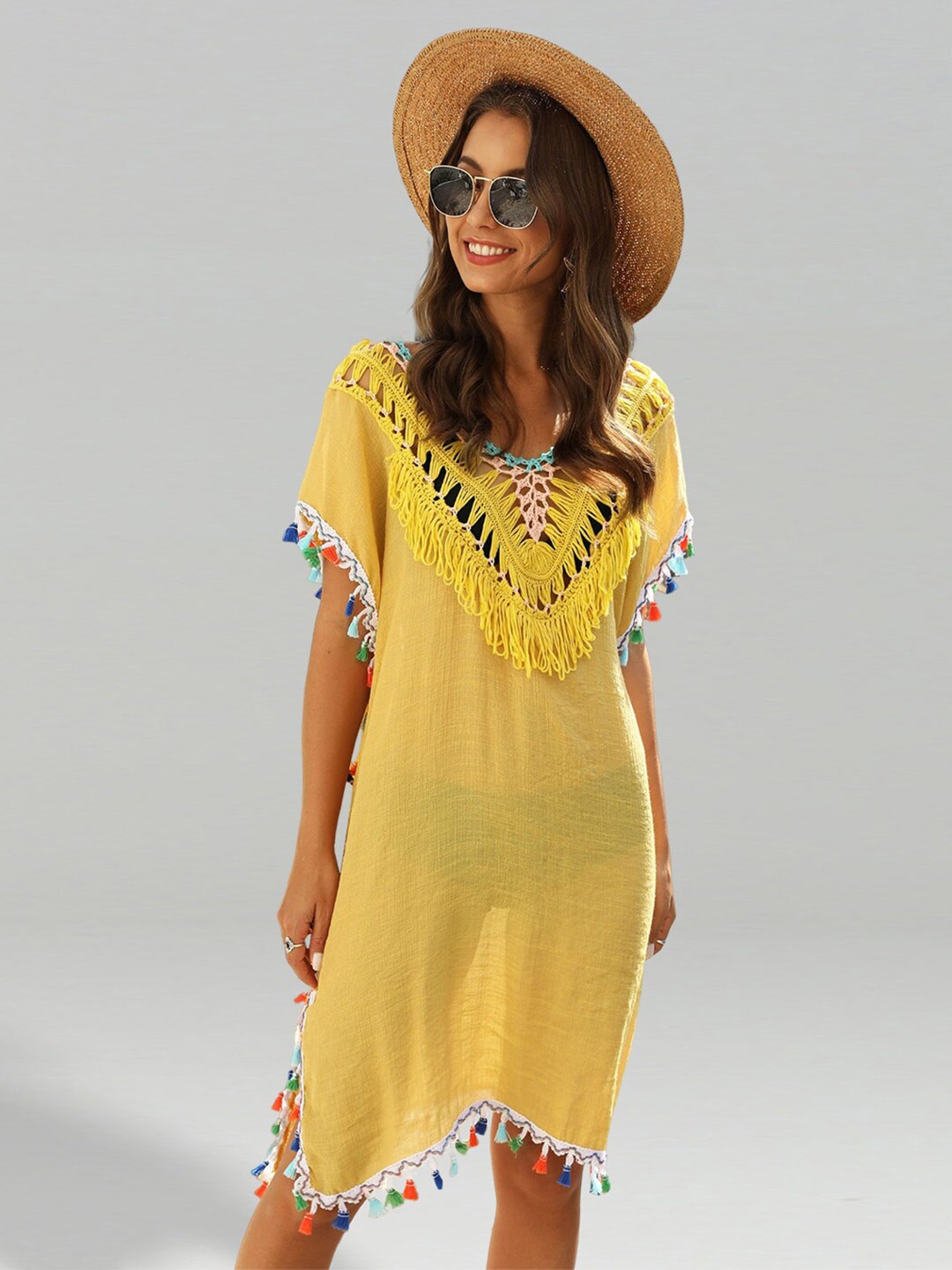

JC Collection Self Design V-Neck Cover Up Dress, Yellow