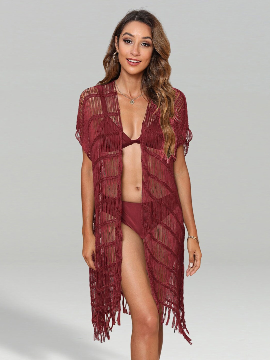 

JC Collection Self Design Tasselled Longline Sheer Open Front Shrug, Maroon