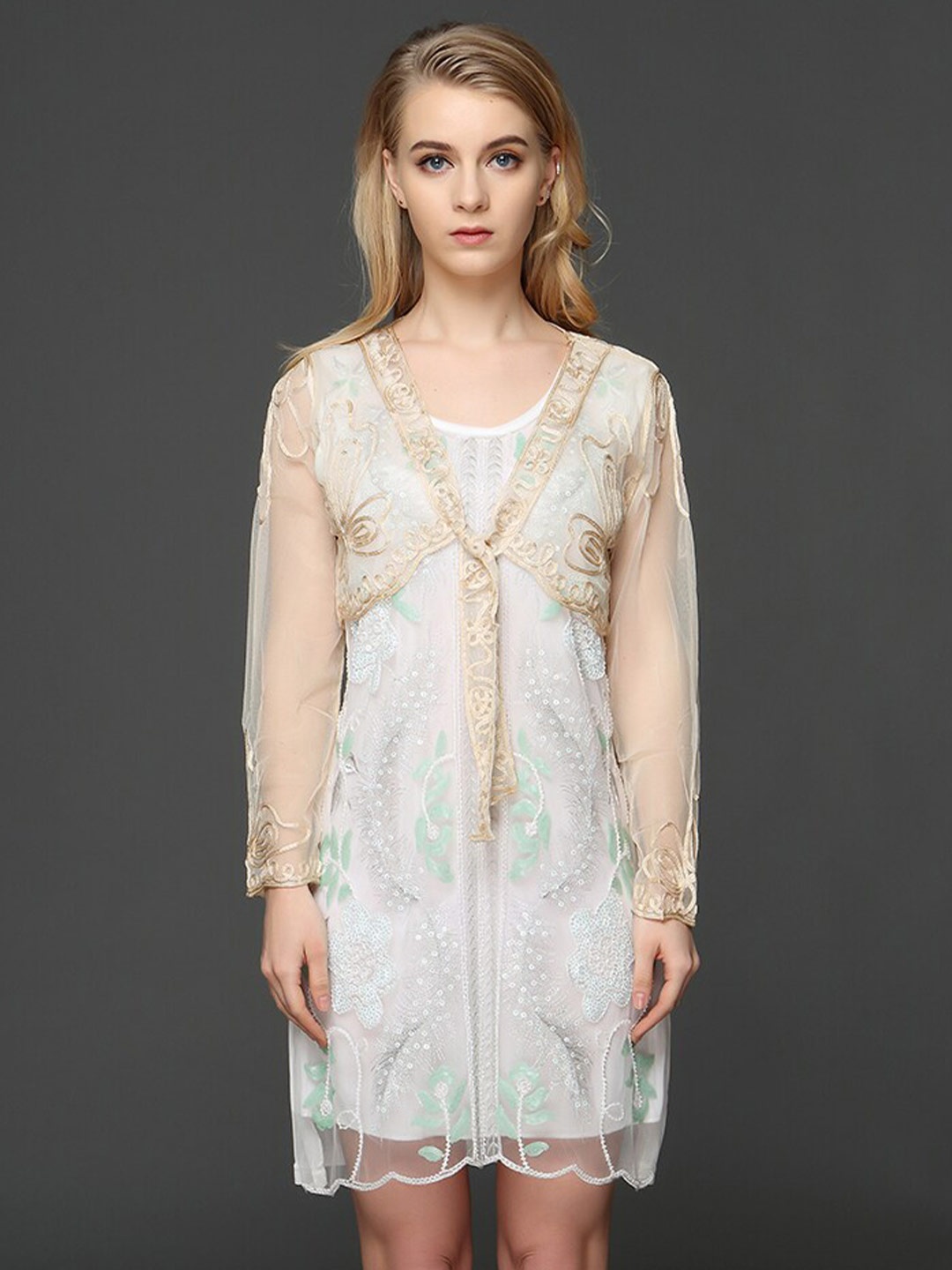 

JC Collection Embroidered Sheer Long Sleeves Crop Tie-Up Shrug, Beige