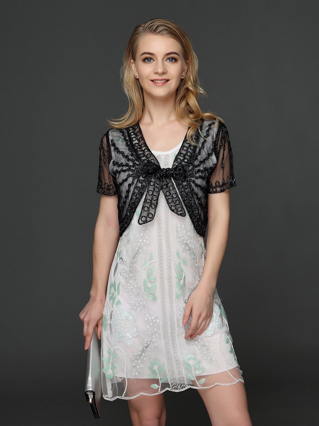 

JC Collection Embroidered Sheer Crop Tie-Up Shrug, Black