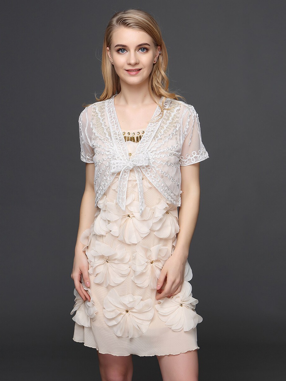 

JC Collection Embroidered Sheer Crop Tie-Up Shrug, White