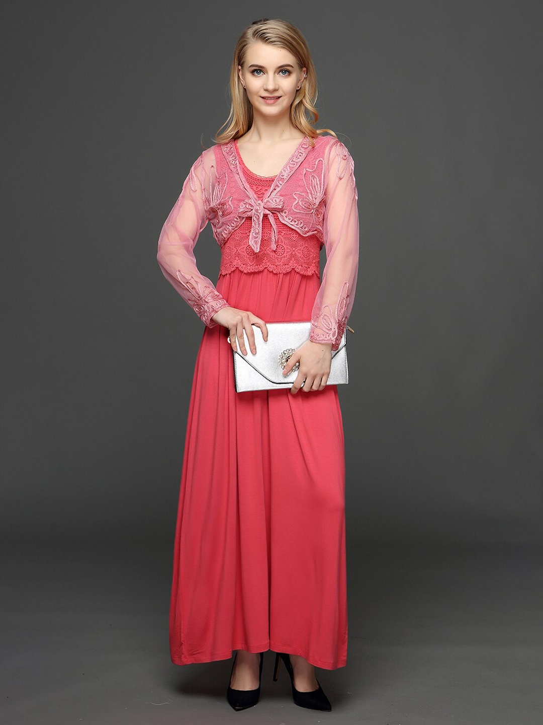 

JC Collection Embroidered Sheer Long Sleeves Crop Tie-Up Shrug, Pink