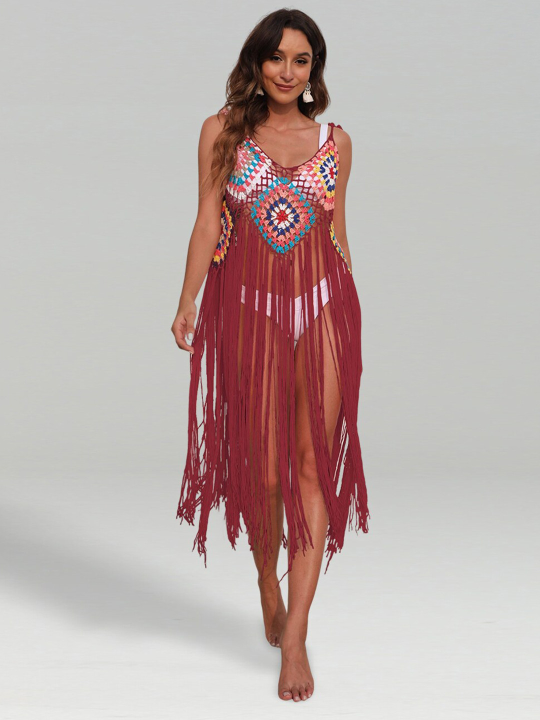 

JC Collection Self-Design Swimwear Cover Dress, Maroon