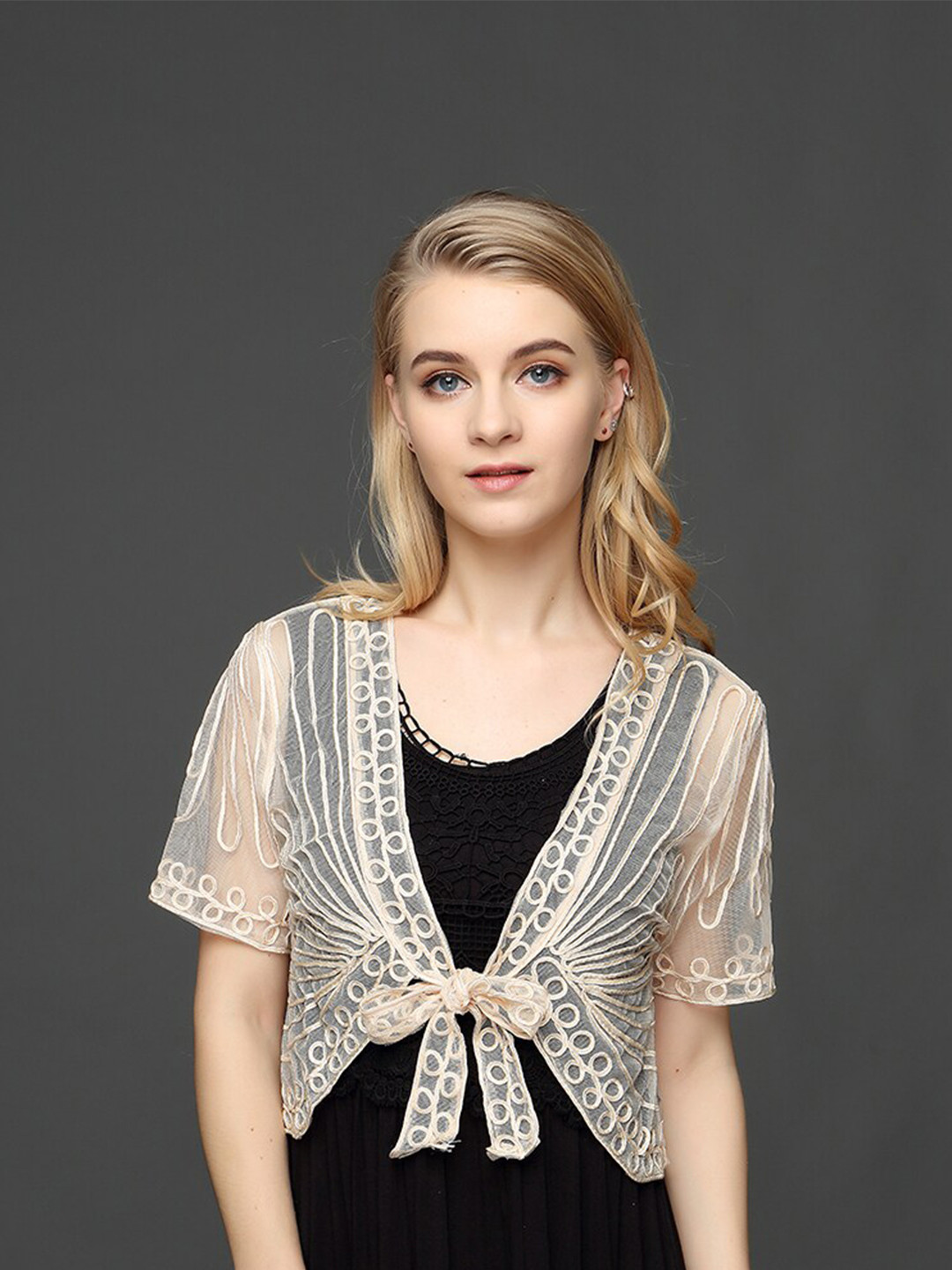 

JC Collection Embroidered Sheer Crop Tie-Up Shrug, Beige