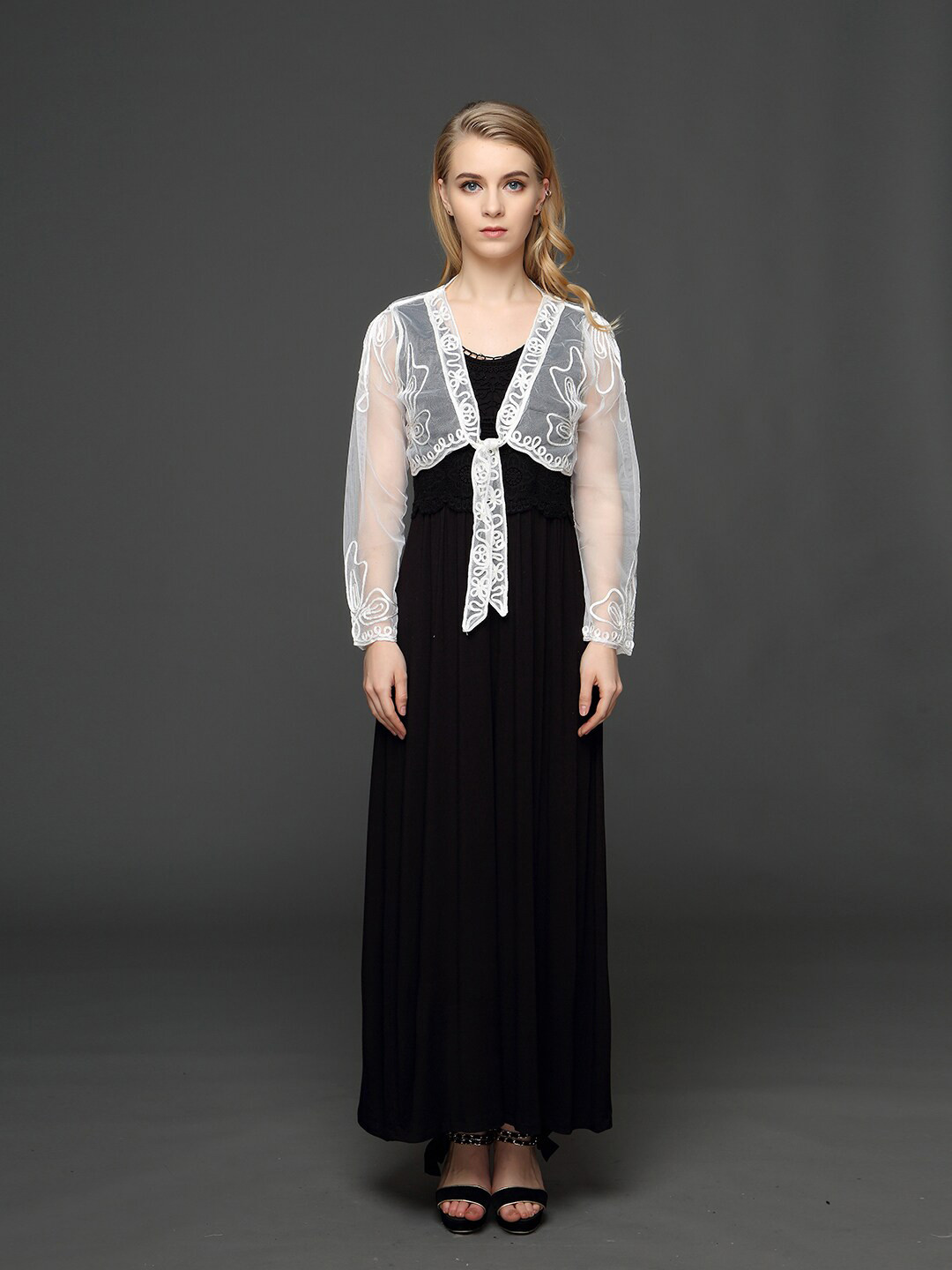 

JC Collection Embroidered Sheer Crop Tie-Up Shrug, White